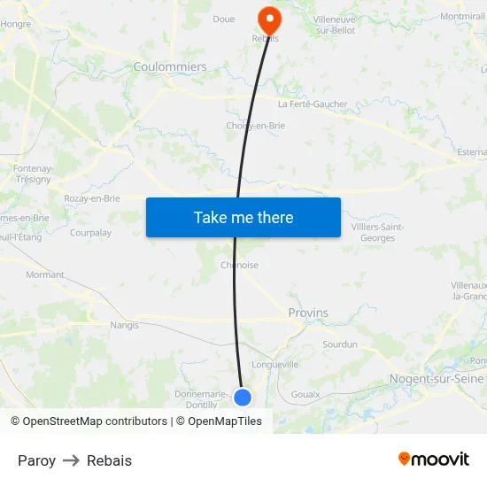 Paroy to Rebais map