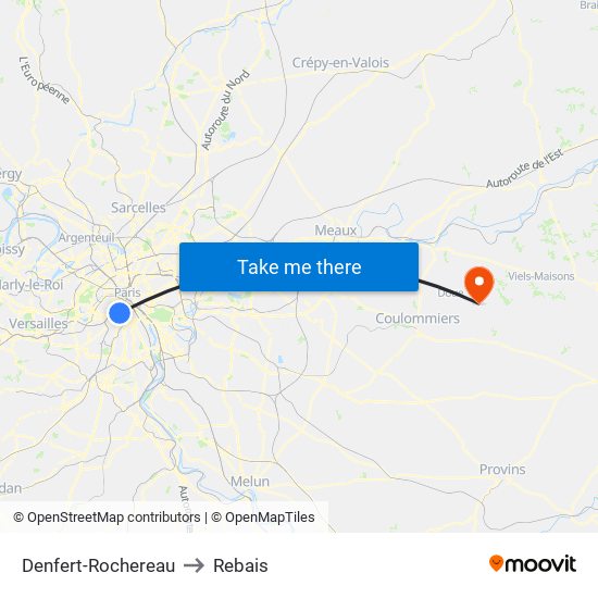 Denfert-Rochereau to Rebais map