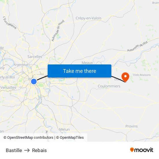 Bastille to Rebais map