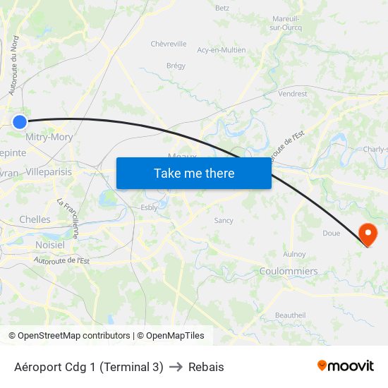 Aéroport Cdg 1 (Terminal 3) to Rebais map