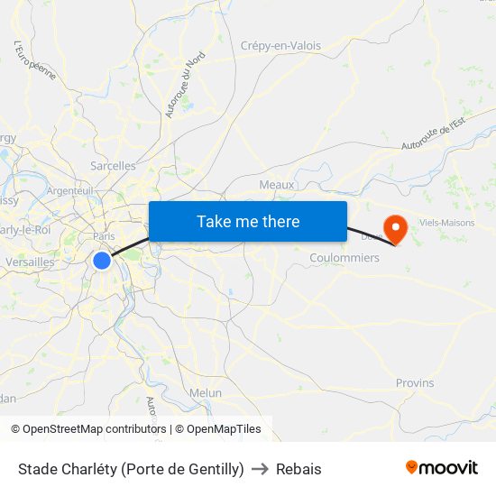 Stade Charléty (Porte de Gentilly) to Rebais map