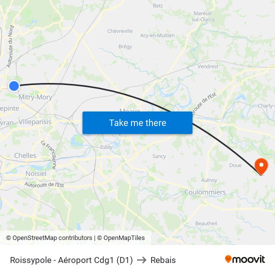 Roissypole - Aéroport Cdg1 (D1) to Rebais map