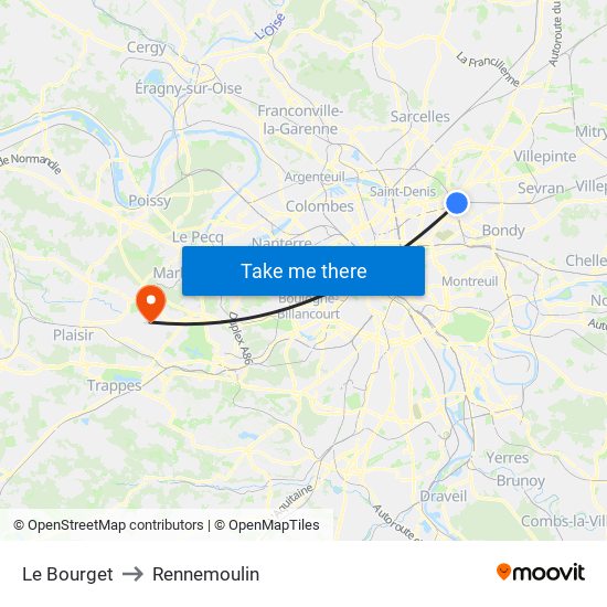 Le Bourget to Rennemoulin map