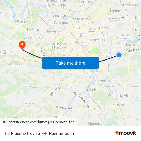 Le Plessis-Trevise to Rennemoulin map