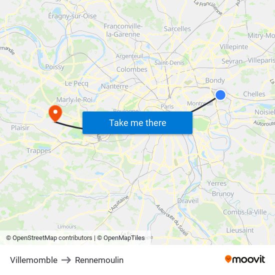 Villemomble to Rennemoulin map