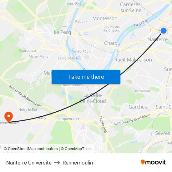 Nanterre Université to Rennemoulin map