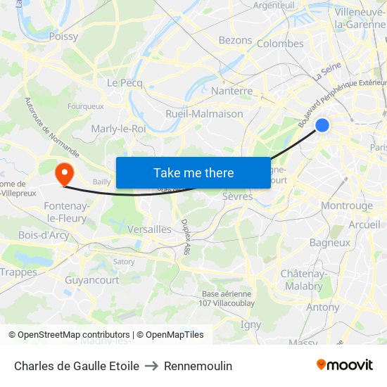 Charles de Gaulle Etoile to Rennemoulin map