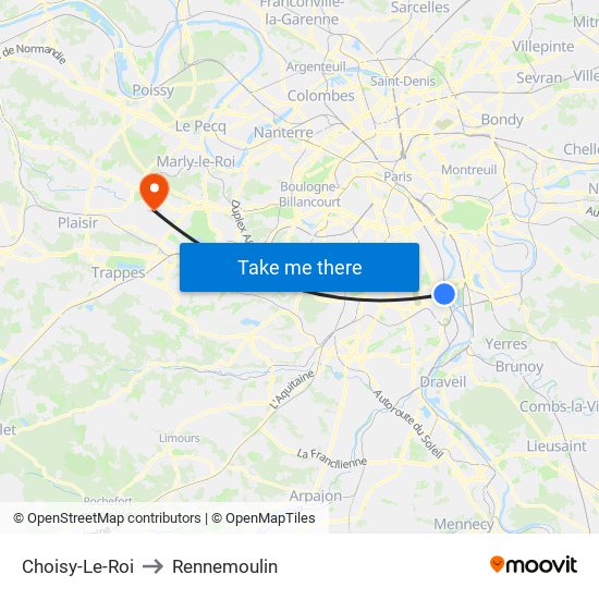 Choisy-Le-Roi to Rennemoulin map