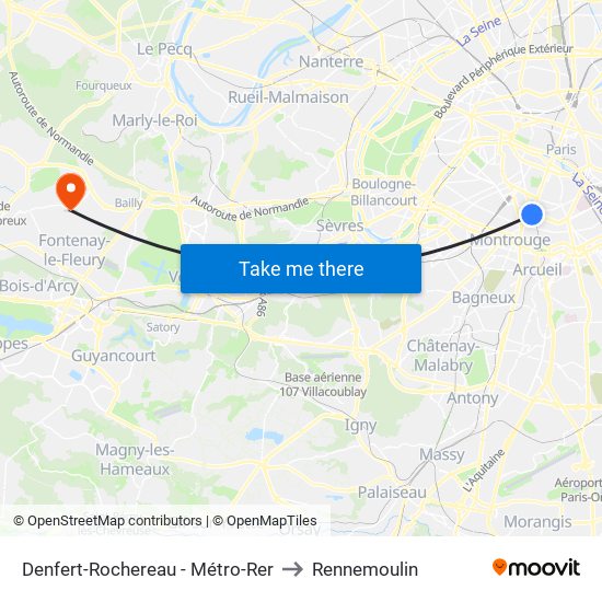 Denfert-Rochereau - Métro-Rer to Rennemoulin map