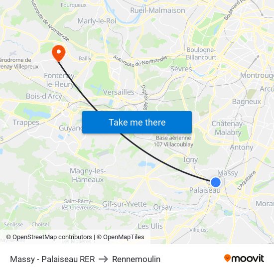 Massy - Palaiseau RER to Rennemoulin map