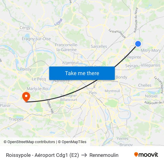 Roissypole - Aéroport Cdg1 (E2) to Rennemoulin map