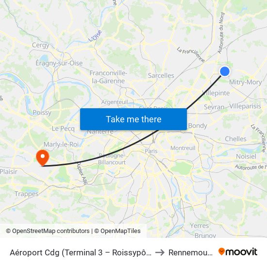 Aéroport Cdg (Terminal 3 – Roissypôle) to Rennemoulin map