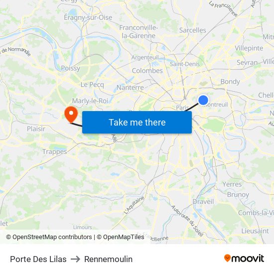 Porte Des Lilas to Rennemoulin map