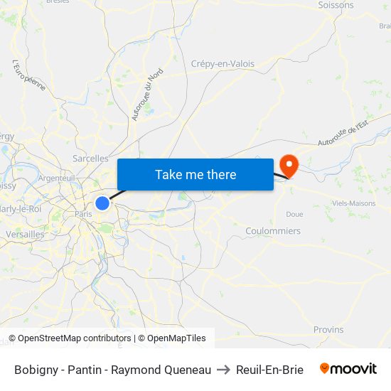 Bobigny - Pantin - Raymond Queneau to Reuil-En-Brie map