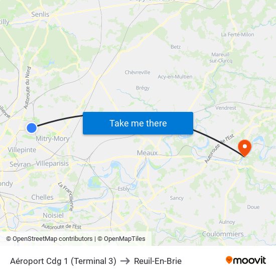 Aéroport Cdg 1 (Terminal 3) to Reuil-En-Brie map