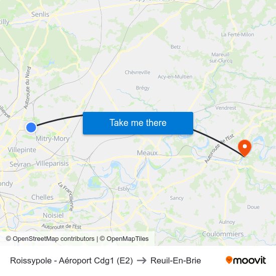 Roissypole - Aéroport Cdg1 (E2) to Reuil-En-Brie map