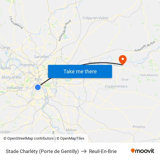 Stade Charléty (Porte de Gentilly) to Reuil-En-Brie map