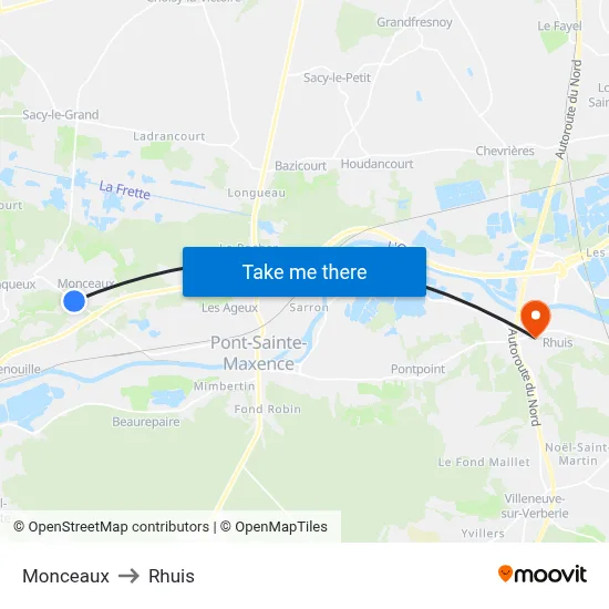 Monceaux to Rhuis map