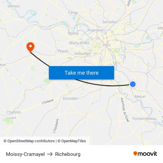 Moissy-Cramayel to Richebourg map
