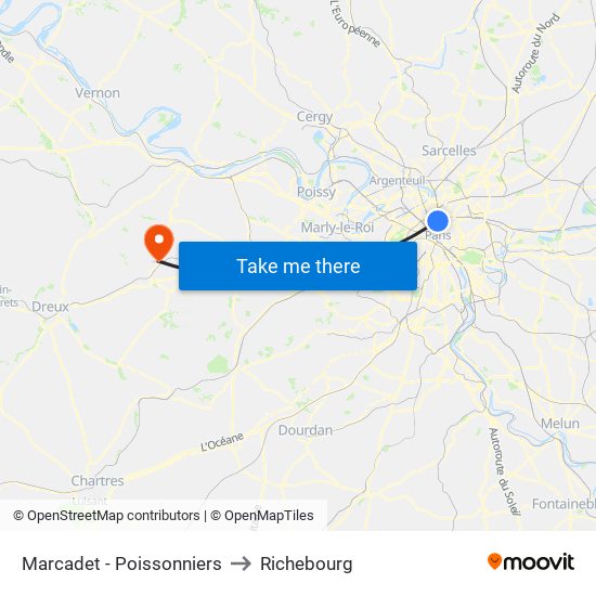 Marcadet - Poissonniers to Richebourg map