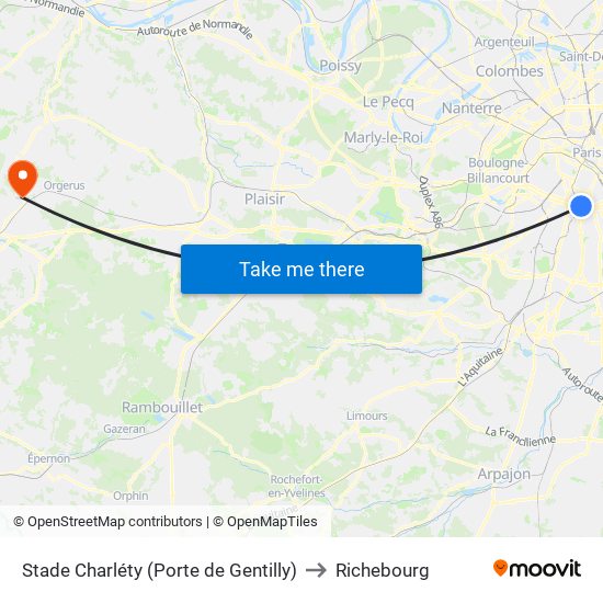 Stade Charléty (Porte de Gentilly) to Richebourg map