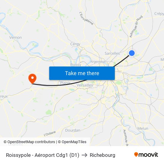 Roissypole - Aéroport Cdg1 (D1) to Richebourg map