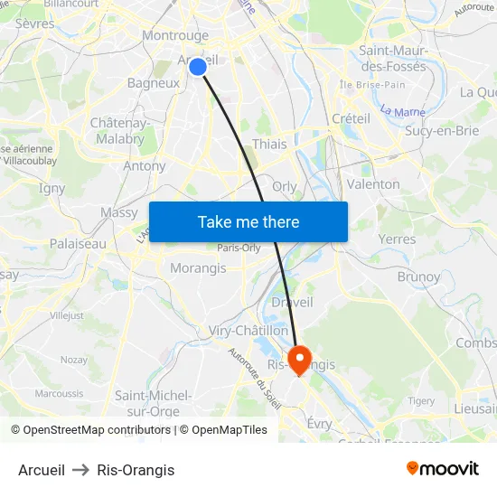 Arcueil to Ris-Orangis map