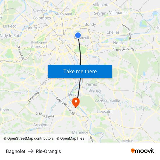 Bagnolet to Ris-Orangis map