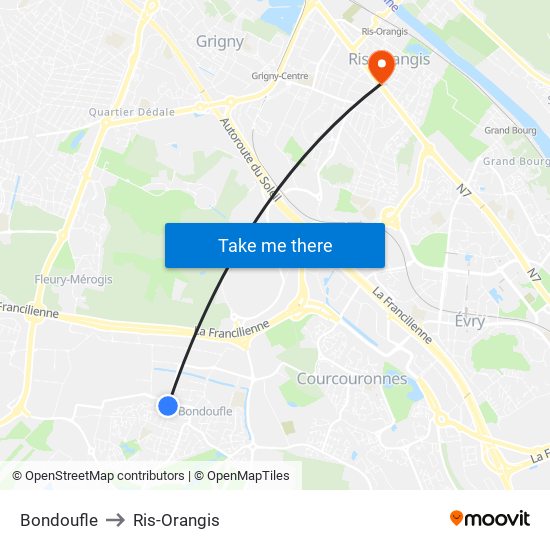 Bondoufle to Ris-Orangis map