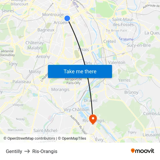 Gentilly to Ris-Orangis map