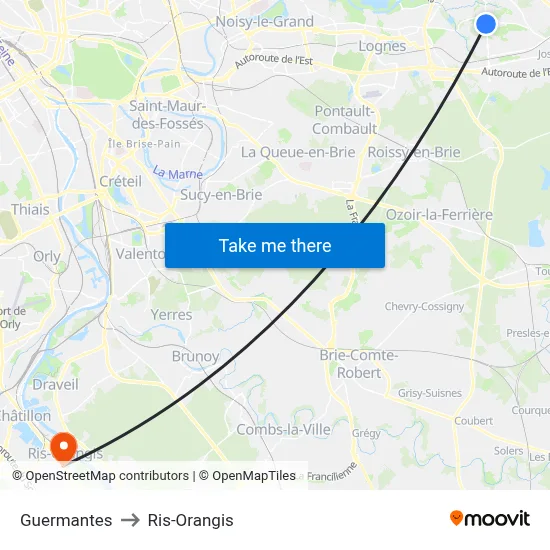 Guermantes to Ris-Orangis map