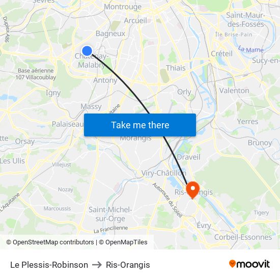 Le Plessis-Robinson to Ris-Orangis map