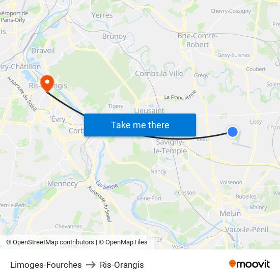 Limoges-Fourches to Ris-Orangis map