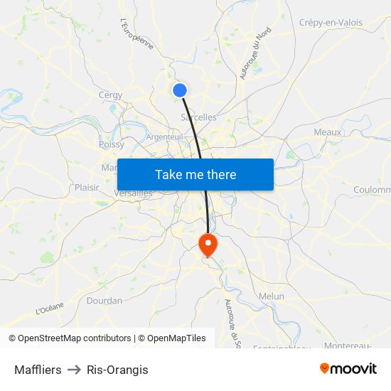 Maffliers to Ris-Orangis map