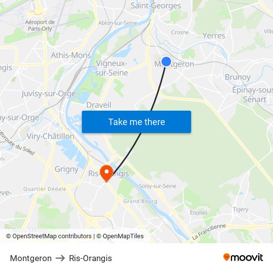 Montgeron to Ris-Orangis map