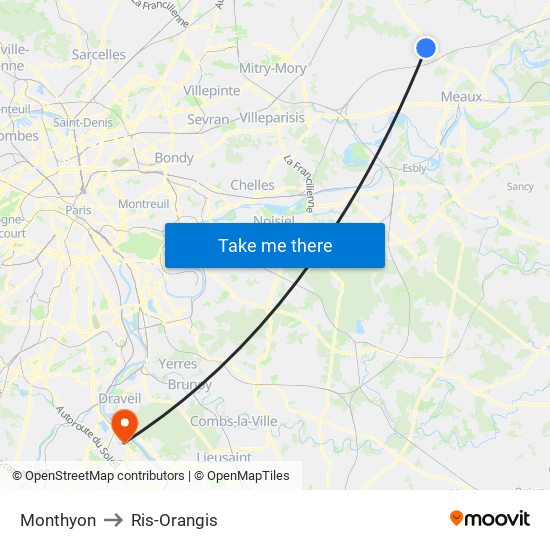 Monthyon to Ris-Orangis map