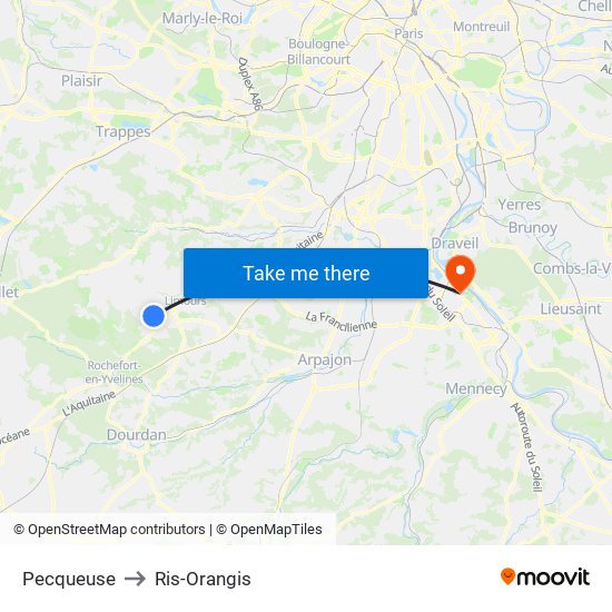Pecqueuse to Ris-Orangis map