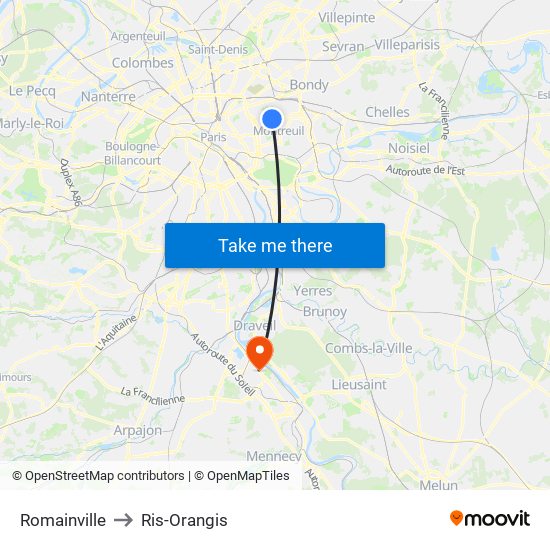 Romainville to Ris-Orangis map