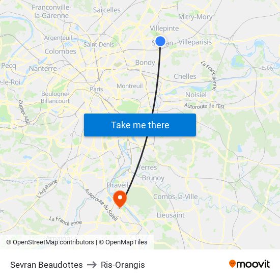 Sevran Beaudottes to Ris-Orangis map