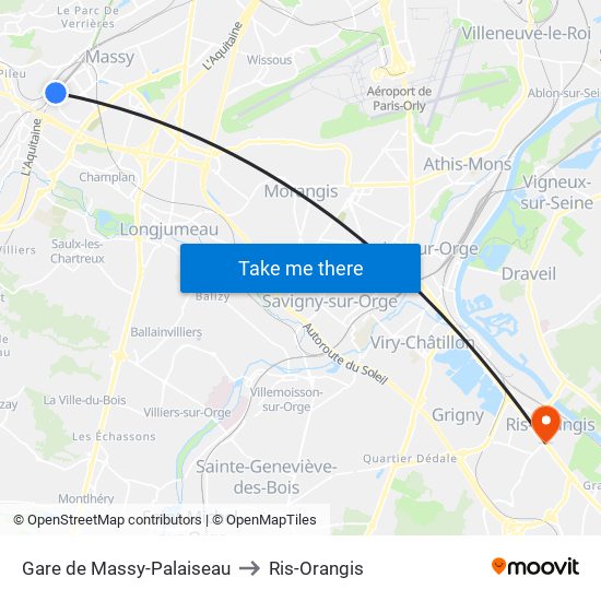 Gare de Massy-Palaiseau to Ris-Orangis map