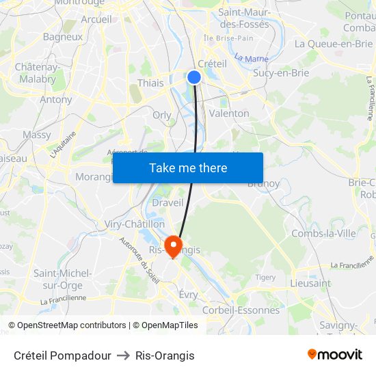 Créteil Pompadour to Ris-Orangis map