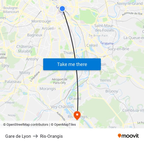 Gare de Lyon to Ris-Orangis map