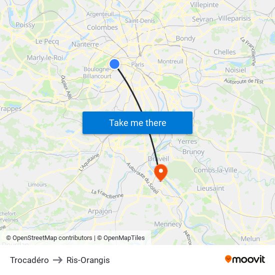Trocadéro to Ris-Orangis map