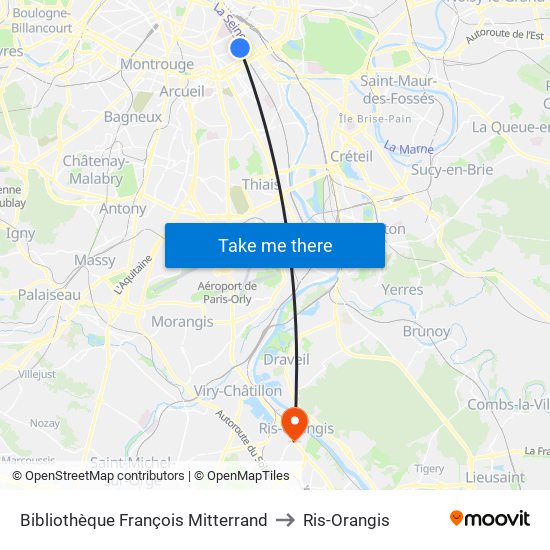 Bibliothèque François Mitterrand to Ris-Orangis map