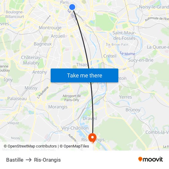 Bastille to Ris-Orangis map