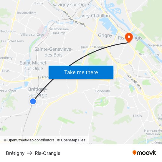 Brétigny to Ris-Orangis map