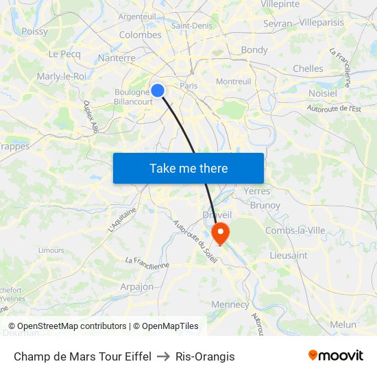 Champ de Mars Tour Eiffel to Ris-Orangis map