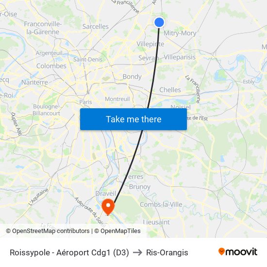 Roissypole - Aéroport Cdg1 (D3) to Ris-Orangis map