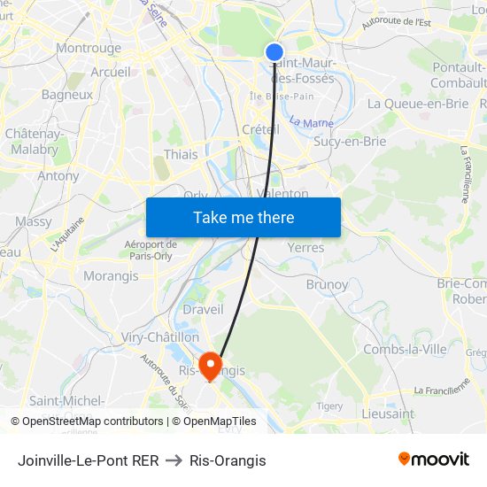 Joinville-Le-Pont RER to Ris-Orangis map