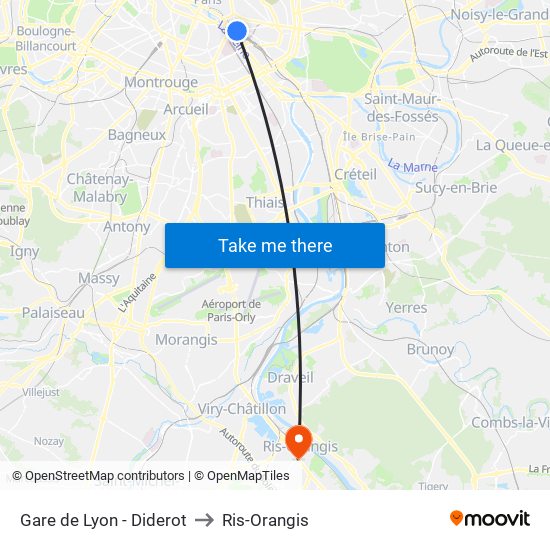 Gare de Lyon - Diderot to Ris-Orangis map